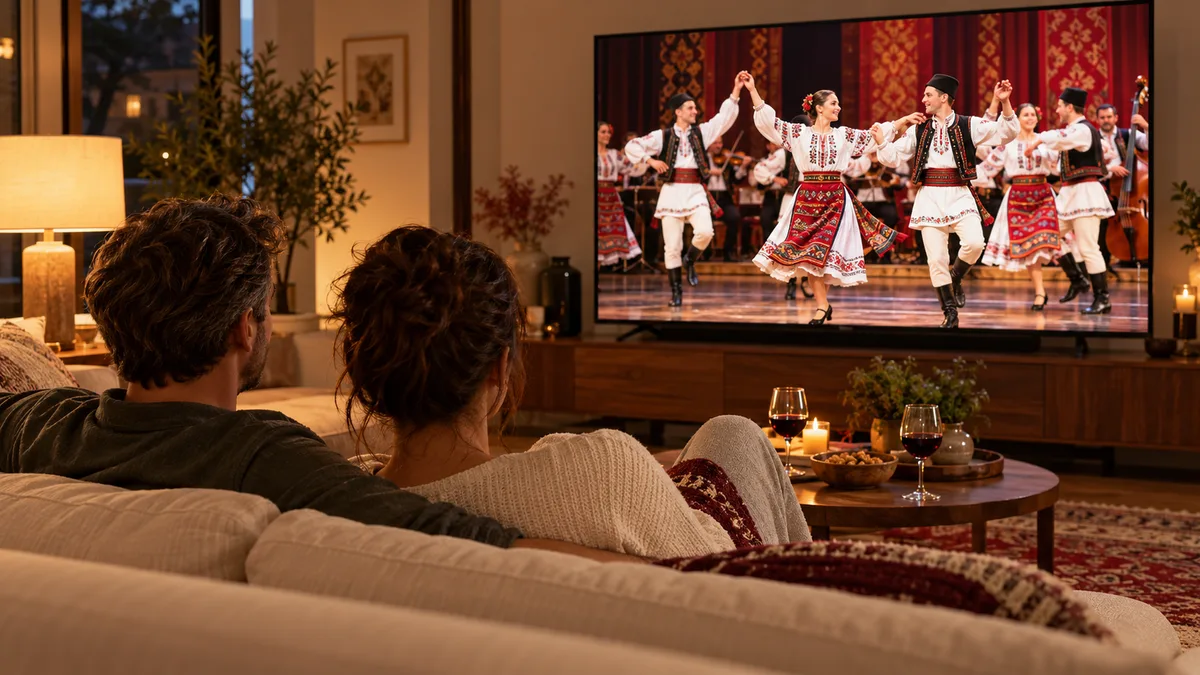 Seară de televiziune în familie cu un spectacol de dans românesc, scenă ilustrativă